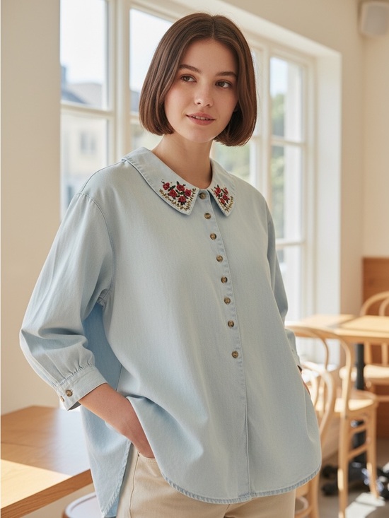 Solutions Tops - Vintage 90s Solutions Floral Embroidered Collar Cotton Blouse Shirt S